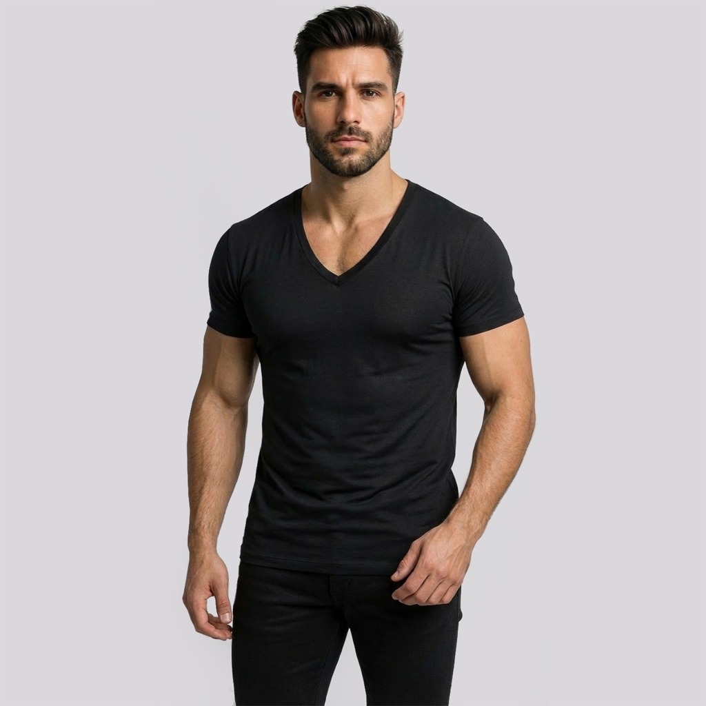 Camisa Masculina Decotada Em V Cavada Camiseta Gola V Funda Slim Fit Viscose Elastano Blusa Decote