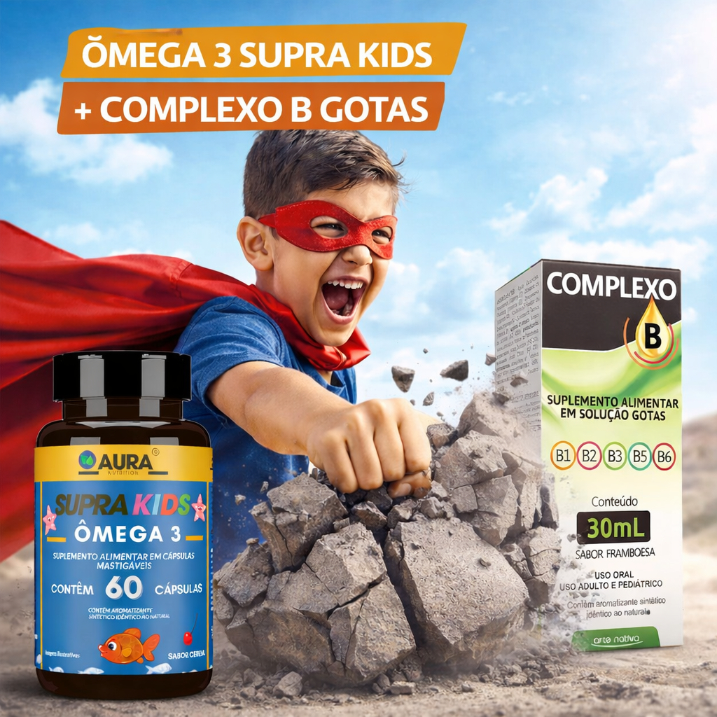 Vitamina Complexo B 30ml Framboesa + Ômega 3 Supra Kids Mastigável Sabor Cereja 60 Cápsulas - Aura Nutrition
