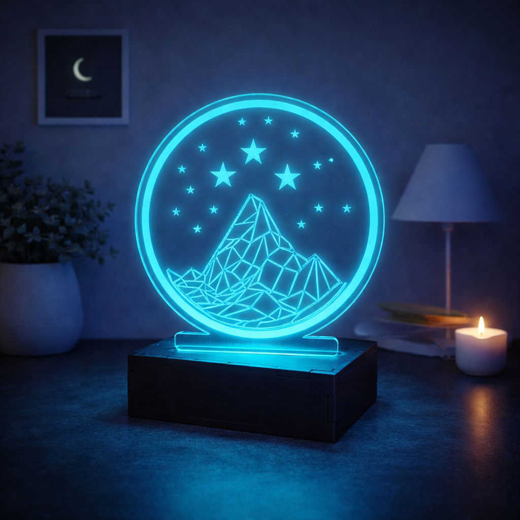 Luminária Rgb Decorativa De Montanha Acrílico Led Luz Quente Base Preta MDF