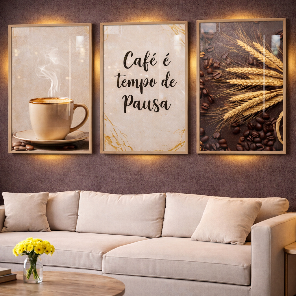 Quadros Decorativos Trio Café Cafeteria Grãos Xícara Trigo Moderno Área Gourmet Cozinha em Oferta na Shopee