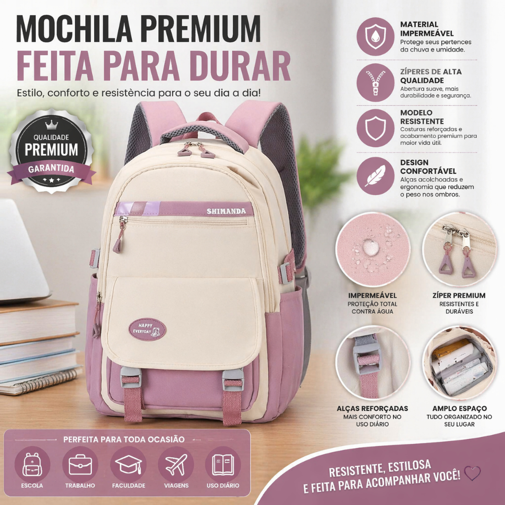 Mochila Bolsa Feminina Impermeável Grande Escolar Faculdade Trabalho Moda Resistente