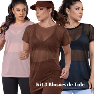KIT 3 Blusa Tule Transparente Fitness Feminina Longa com Manga camisa tule camisetão Academia Conforto Verão em Oferta na Shopee