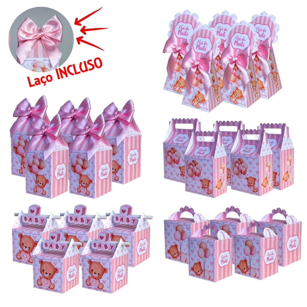 20 Caixas Personalizadas Cha de Bebe Ursinho Rosa Lembrancinhas Aniversario Personalizados  Mesversario PEGUE E MONTE