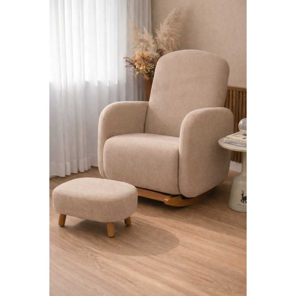 Kit Poltrona Cadeira de Balanço com Puff para Amamentação Tecido Boucle - Poltrona e Puff para Amamentar Curva