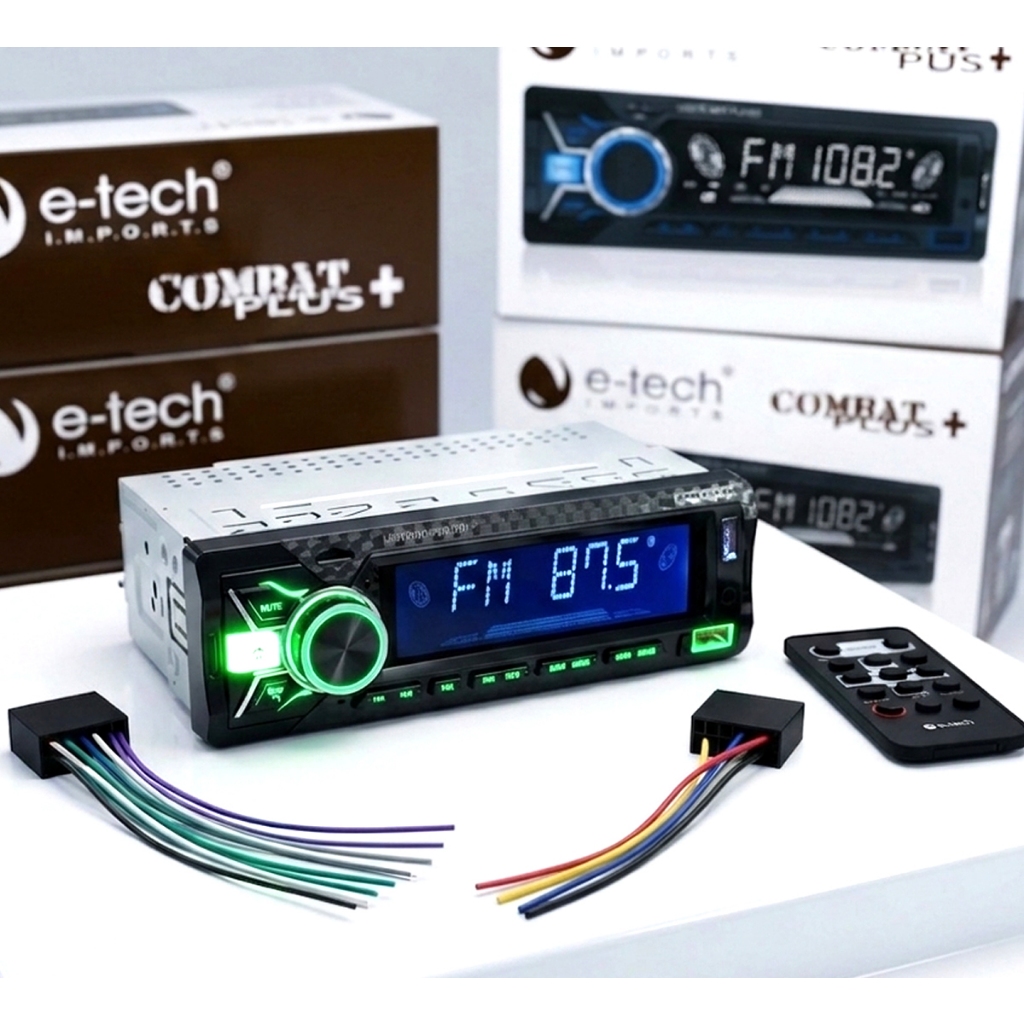 SOM AUTOMOTIVO E-TECH COMBAT PLUS BLUETOOTH USB MP3 PLAYER COM CONTROLE POTÊNCIA 4x60W MULTICOLOR