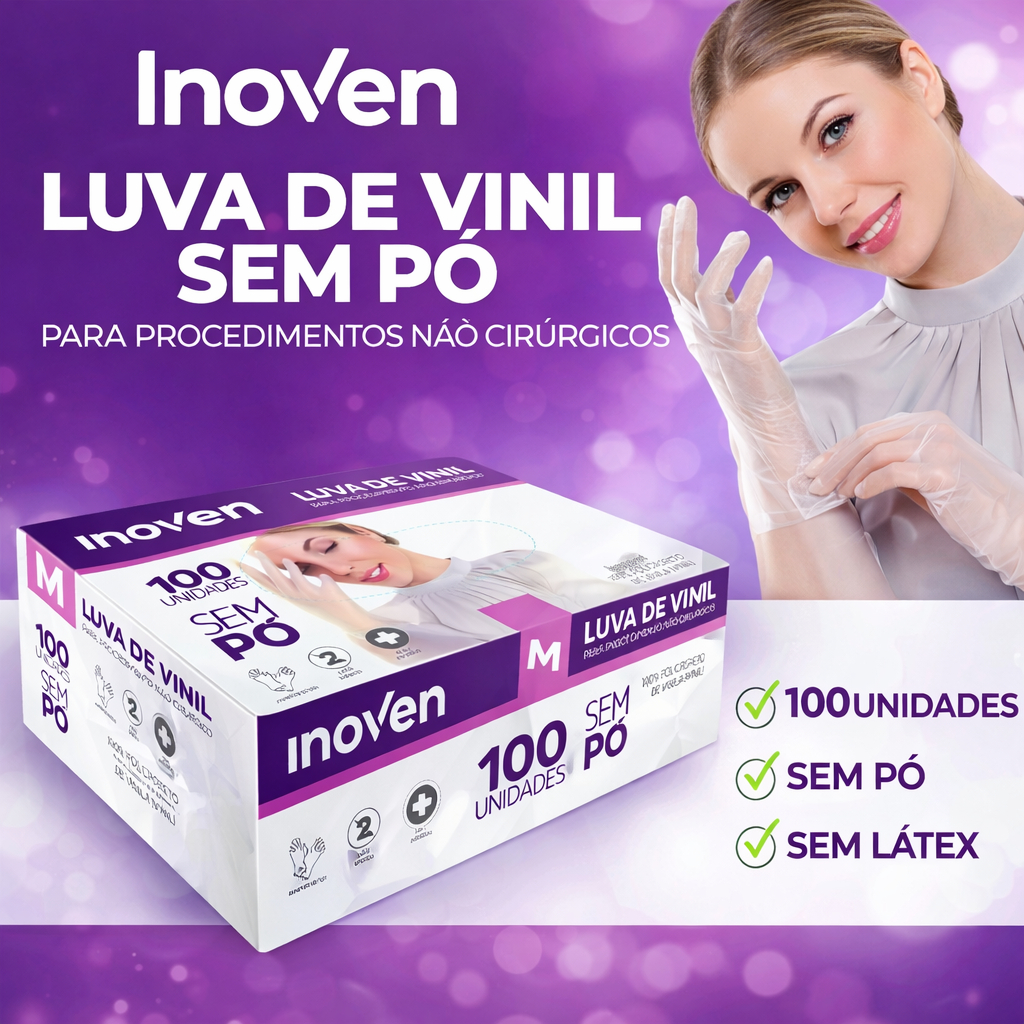 Caixas Luvas de Vinil Inoven 100 Unidades Transparente com Pó Sem Po Descartável