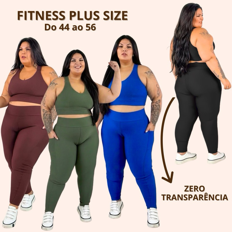 Conjunto Academia Plus Size Fitness com Calça Legging Top Roupa Feminino Treino Malhar Moda Fitness Plus Size Poliamida