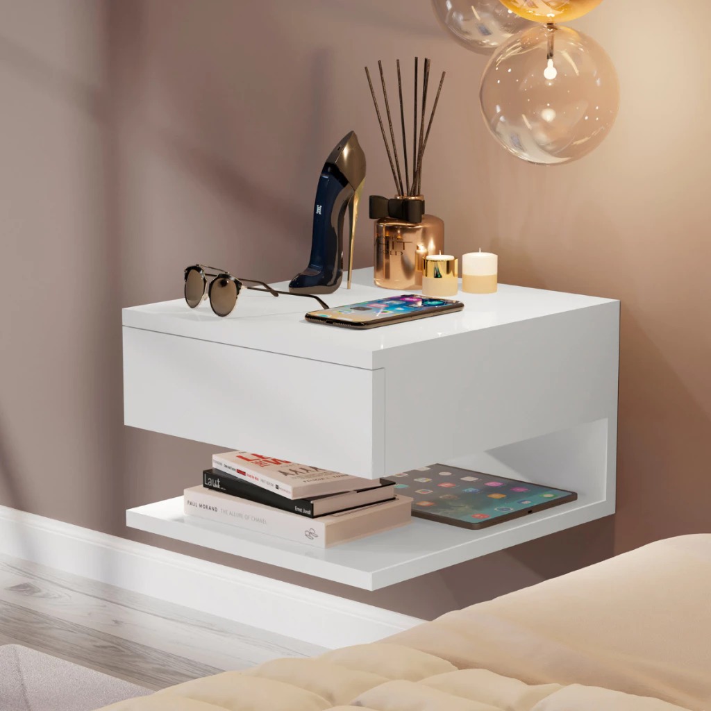 Mesa de Cabeceira Suspensa com Gaveta 30x33cm Moderna Nicho Criado Mudo Mesa de Cabeceira