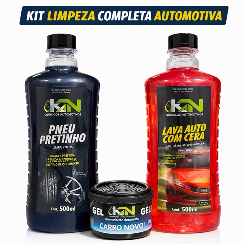 Kit Limpeza Automotiva 3 Em 1 Completo Shampoo Com Cera + Pneu Pretinho + Cheirinho Carro Novo