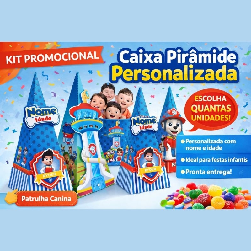 Caixa Pirâmide Personalizada Patrulha Canina azul| Lembrancinha Festa Infantil | Caixa Surpresa Aniversário | Papel 180g
