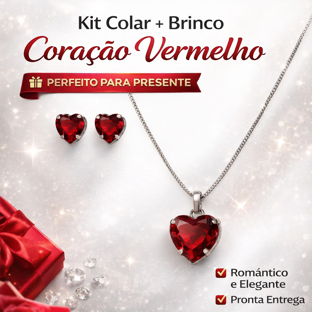 Kit Colar e Brinco Coração Vermelho Feminino Presente Romântico Delicado             colar feminino coração brinco
