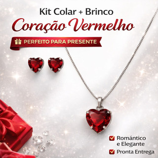 Kit Colar e Brinco Coração Vermelho Feminino Presente Romântico Delicado             colar feminino coração brinco