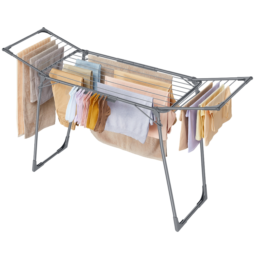 Imagem SONGMICS Varal de roupas 56,5 x 173 x 96,5 cm, dobrável com abas, compacto, com prendedores, estrutura metálica, cinza