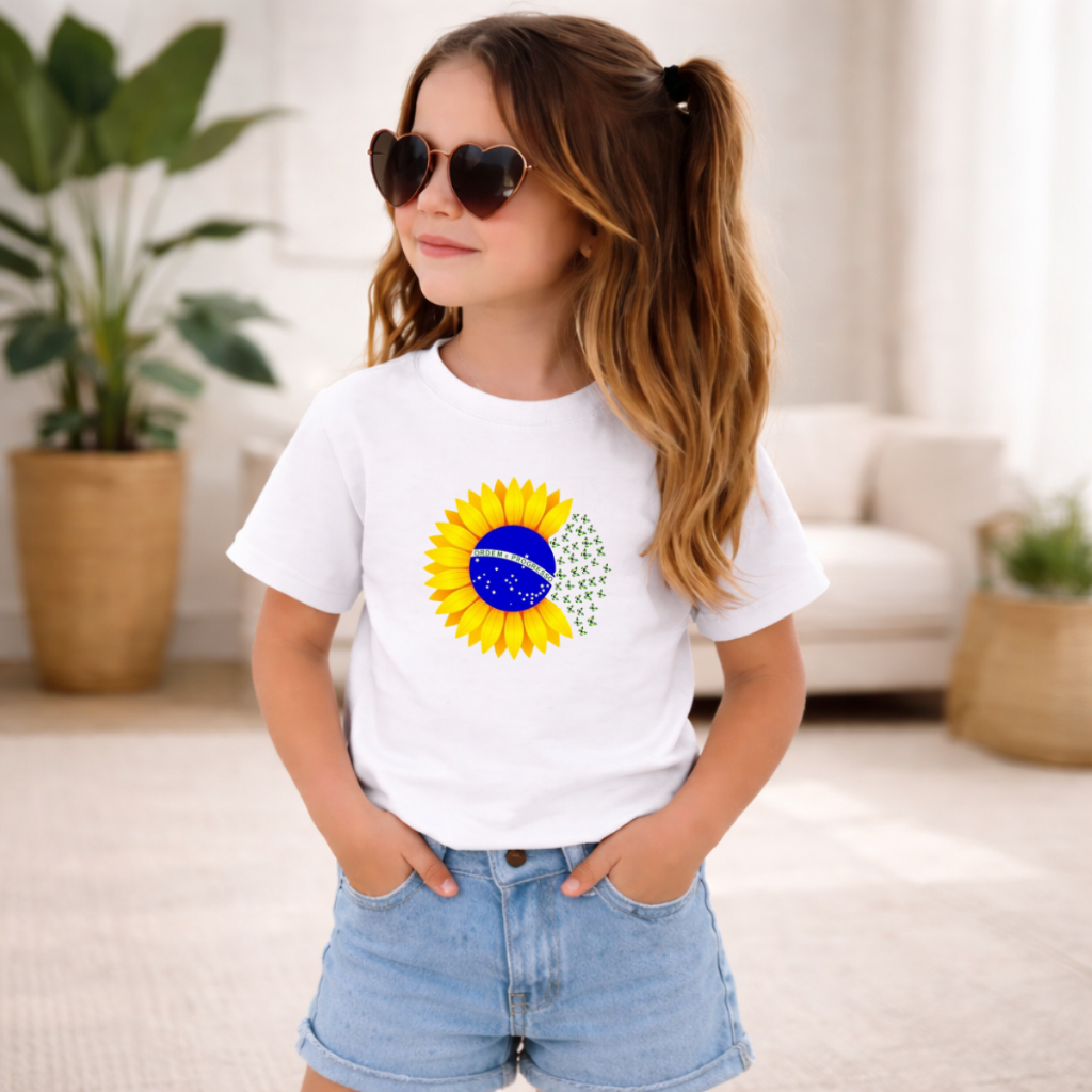 T-Shirt Infantil Meninas Girassol Brasil Camiseta Copa Do Mundo Seleção Brasileira Mini Torcedor Camiseta 02 Ao 14