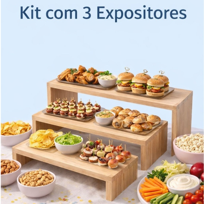 Kit 3 Expositores Para Mesa de Festa Doces Frios Lembrancinhas Buffet Decoração Madeira Pinus Escadinha 3 Andares.
