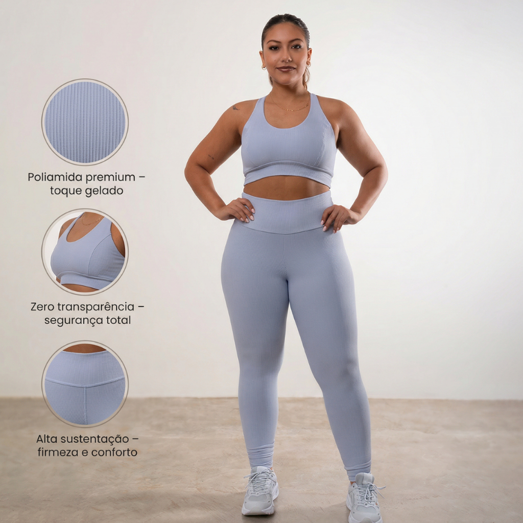 Conjunto Feminino Fitness Plus SIze Canelado Zero transparência Cós Alto Top reforçado