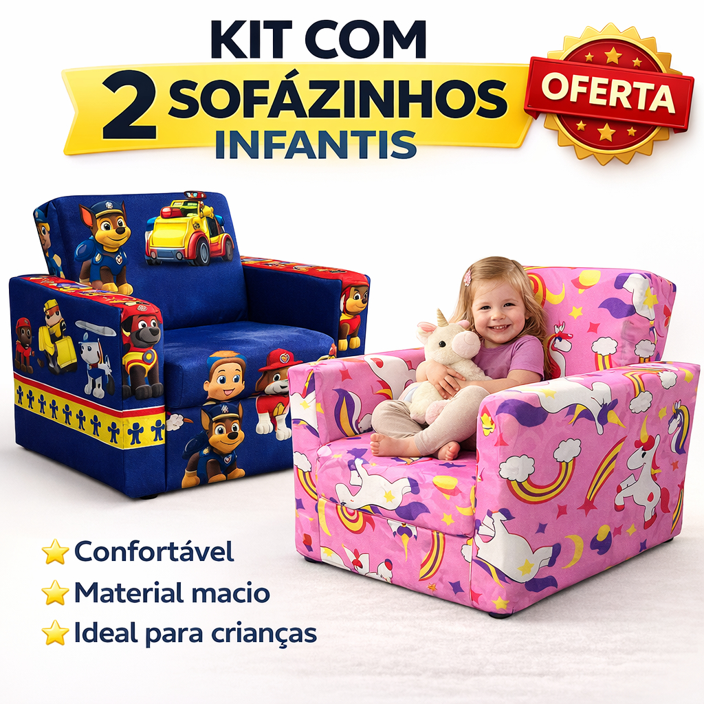 Kit 2 Sofá Infantil Estampado Decoração e Conforto Poltrona Quartinho Patrulha Canina Unicornio