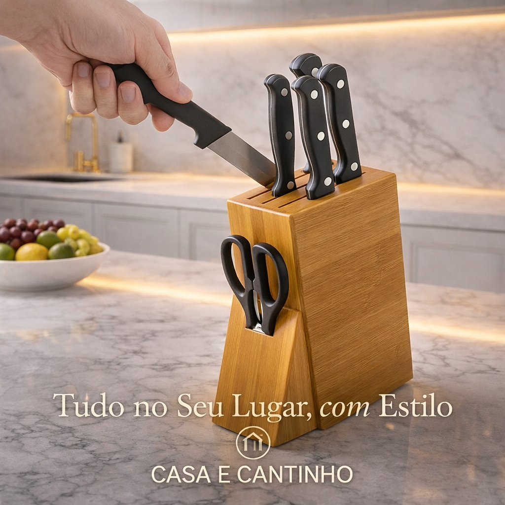 Faqueiro de Bambu Organizador de Faca Tesoura Utensílios de Cozinha Suporte Bancada Anti Fungos Cepo