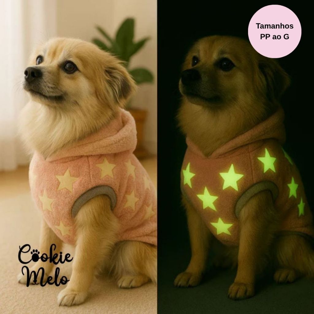 Roupa Pijama Pet Cachorro Gato Animal de Estimação Quentinha Brilha no Escuro Com Touca Confortavel