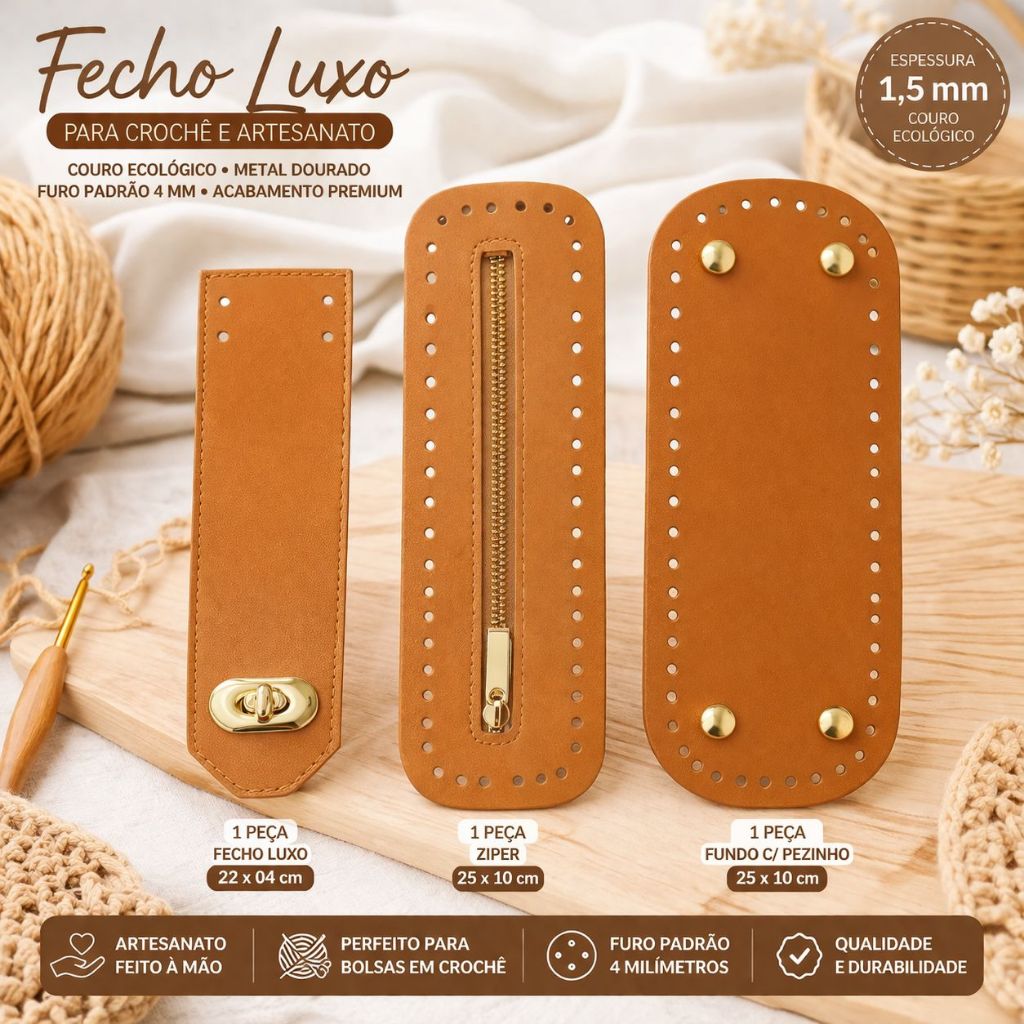 Kit 3 Itens Para Bolsas Crochê Artesanato 25x10 com Zíper Fundo Pezinho e Lapela Fecho Luxo