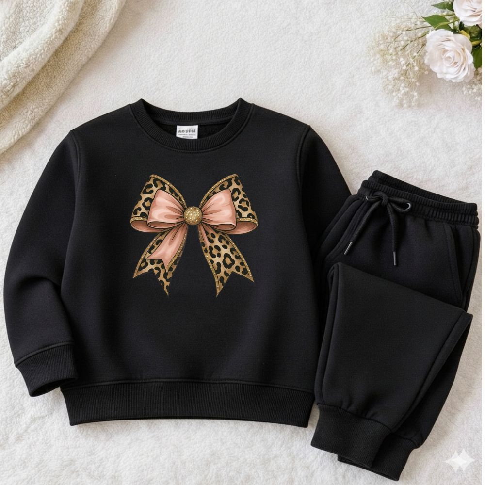 Detalhes do Conjunto moletom juvenil e infantil meninas laço blusa de frio careca e calça moletom flanelada
