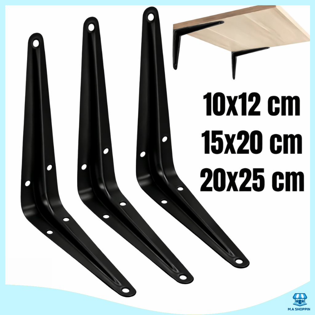 Kit Suportes 2 a 20 Mão Francesa Preta 10x12cm/15x20cm/20x25cm Canto Tábua Cantoneira Reforçada