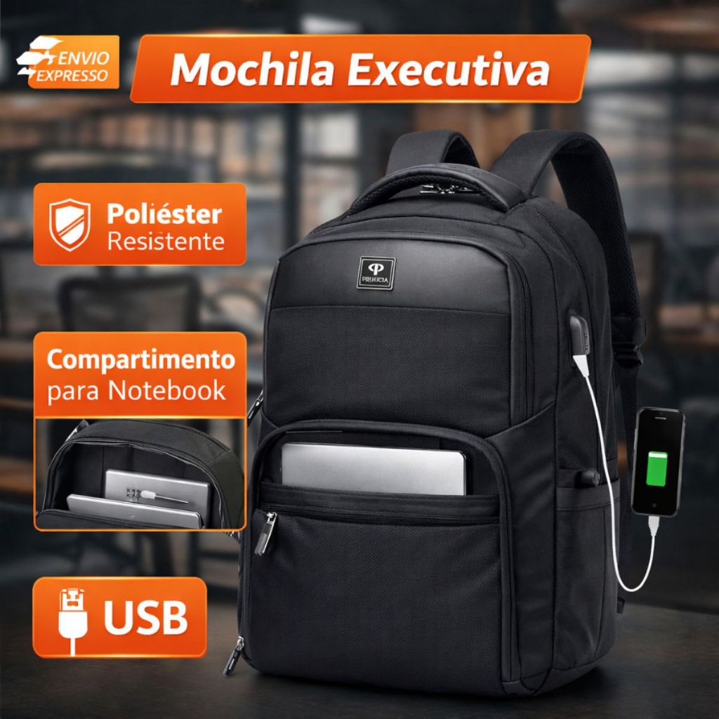 Imagem Mochila Executiva Masculina Primicia Premium Notebook USB 15.6 Resistente Acolchoada Design Moderno