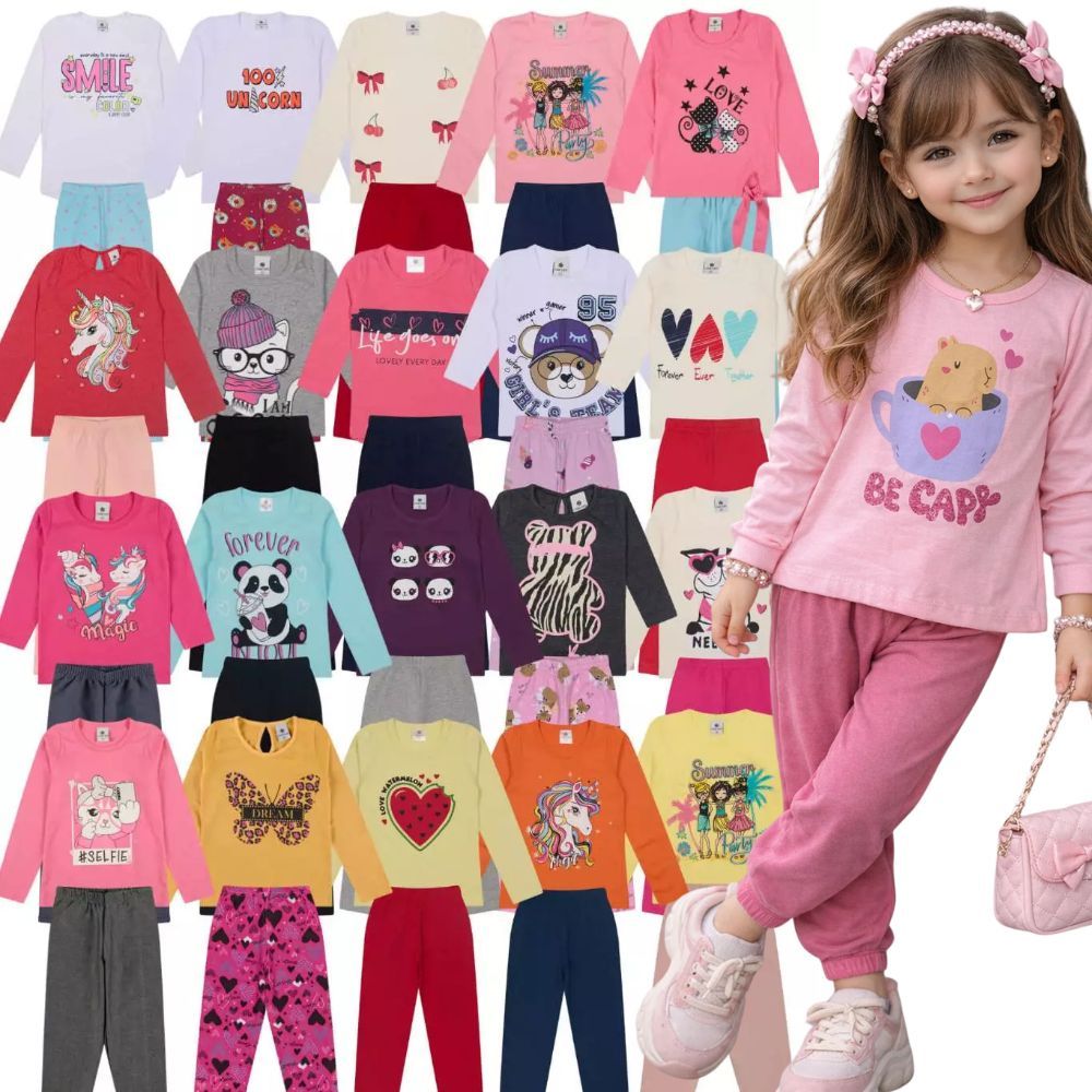 Kit 4 Peças Conjunto Meia Estação Menina do Tamanho 1 a 10 Anos | Blusa + Calça Legging Infantil - Envio Sortido