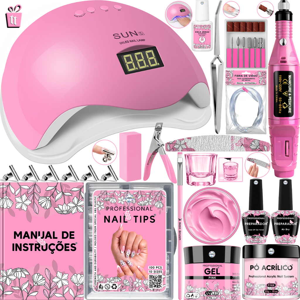 Kit de Unha Gel Completo Acrigel Porcelana Fibra de Vidro com Motor de Unhas Manicure Pedicure Profissional