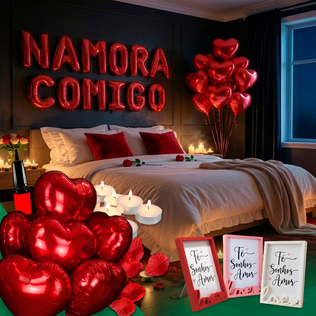 Kit Romântico 300 Pétalas + 5 Balão Coração + 10 Velas + Namora Comigo