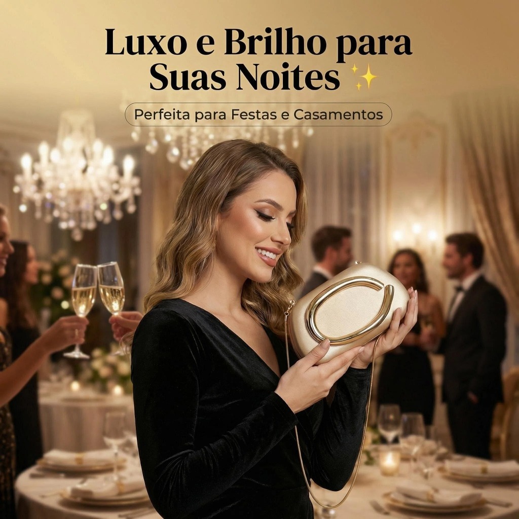 Bolsa Clutch Feminina de Festa Luxo Dourada Elegante com Detalhe Metálico para Casamento Formatura Noite