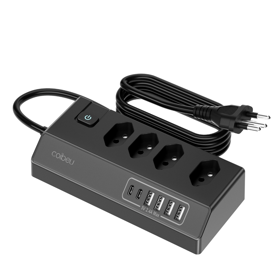 COIBEU Tomada Múltipla com USB e Type-C Saídas 2200W preto e branco