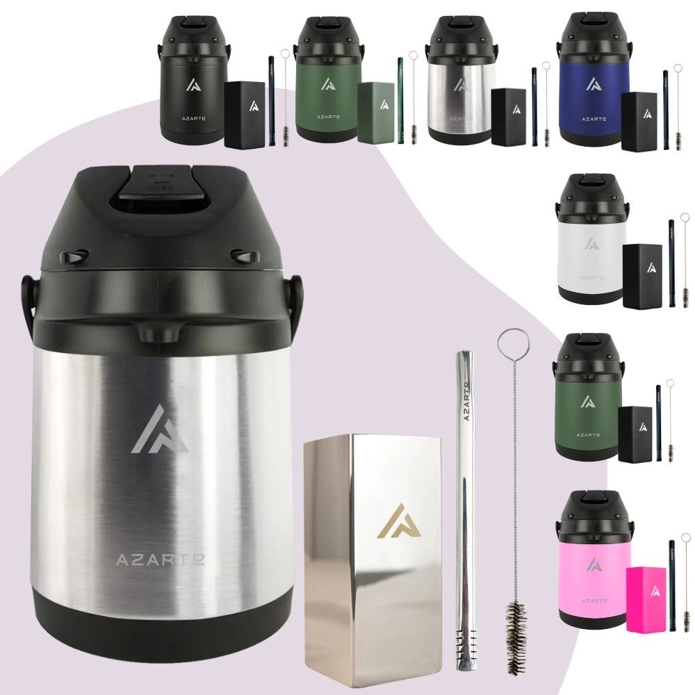 Kit Terere Garrafa Térmica em Inox Azarte Para Erva de 2,5l com Copo Quadrado e Bomba Lisa C/ Escova