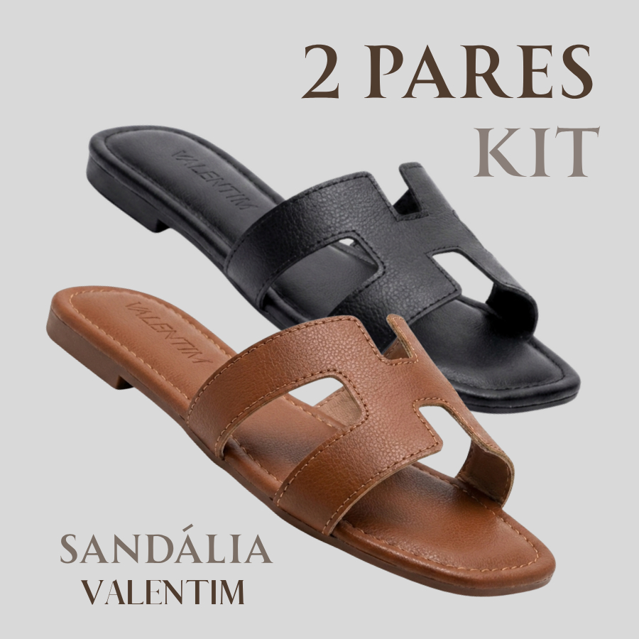 KIT 2 Pares Sandália Feminina Rasteira Valentim Couro Sintético Confortável Verão Promoção