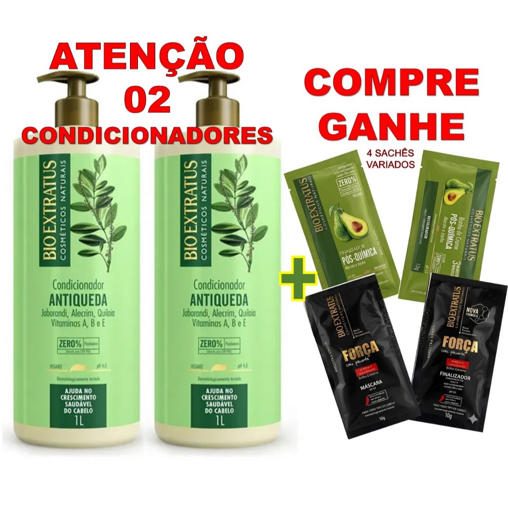 KIT 2 UNID CONDICIONADOR 1L ANTIQUEDA JABORANDI  BIO EXTRATUS + 🎁BRINDE 4 SACHÊS VARIADOS🎁