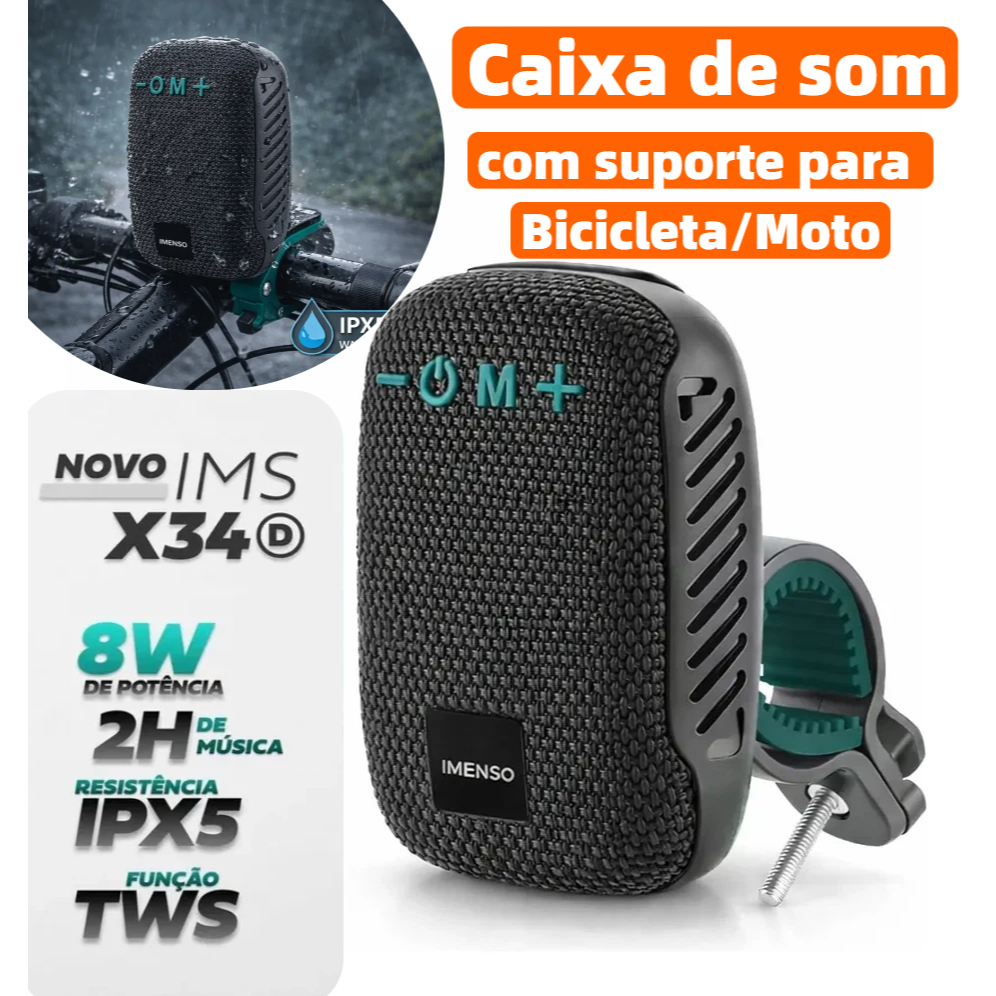 Caixa de Som Bluetooth Original para Bicicleta e Moto, com Suporte à Água e Função TWS para Cartões de Memória IMS-X34D