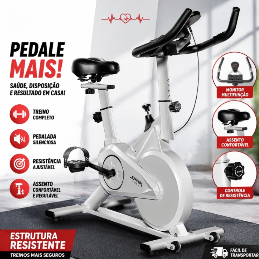 Bicicleta Spinning Ergométrica Fitness Academia em Casa Silenciosa Monitor Cardíaco Suporte Celular Até 100kg