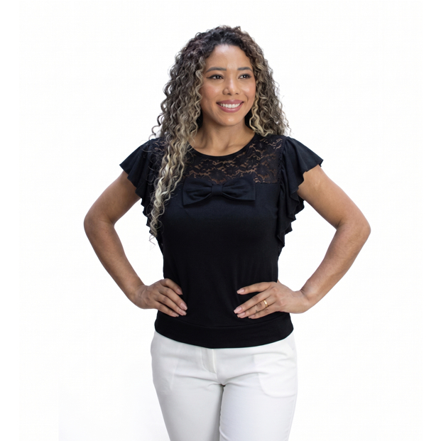 Blusa Feminina Social Laço Removível Manga Morcego Grapeada Mod.50249