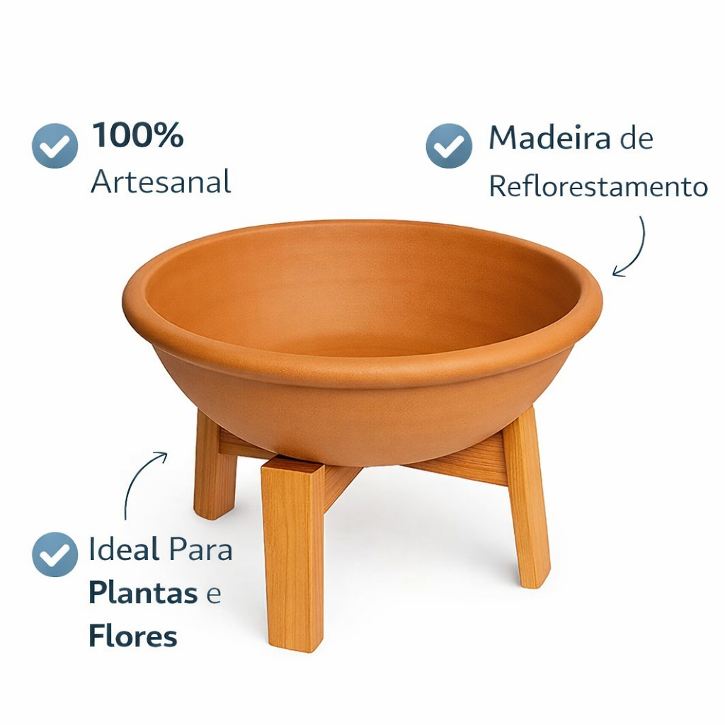 Vaso de Barro Bacia com Suporte de Madeira Kit Artesanal Cachepot Fruteira Decorativa Rústica