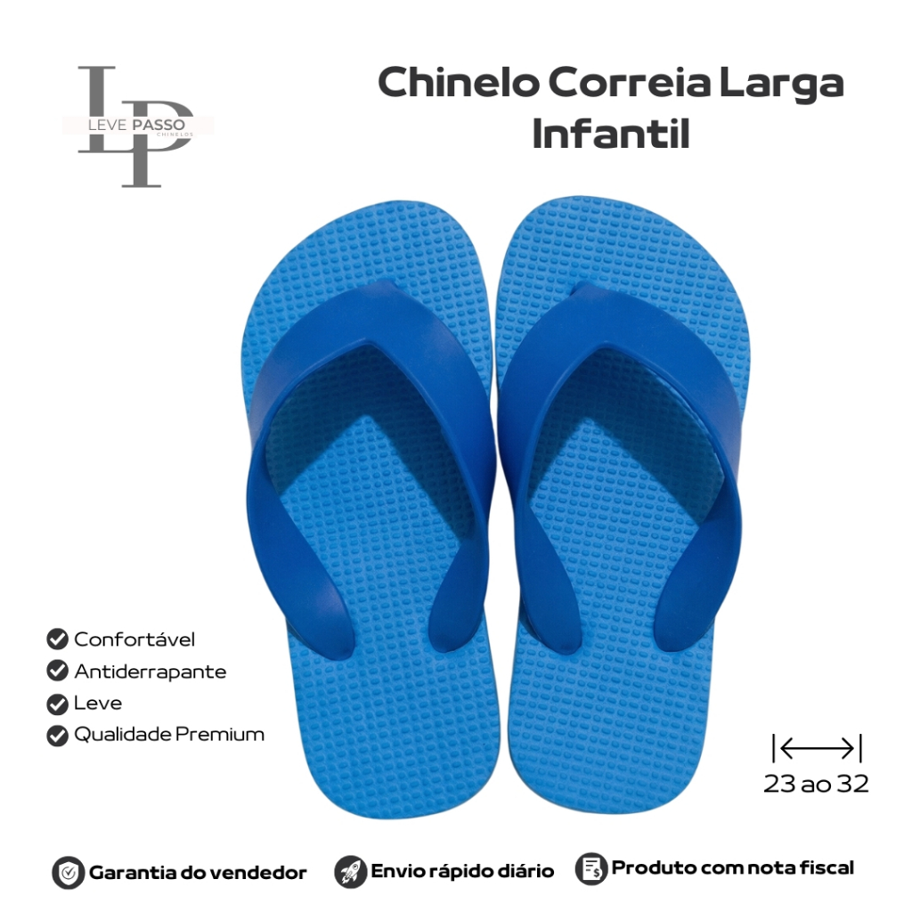 Chinelo LevePasso Infantil Azul Correia Larga Unissex Confortável Antiderrapante Numeração 25 ao 32 Casual