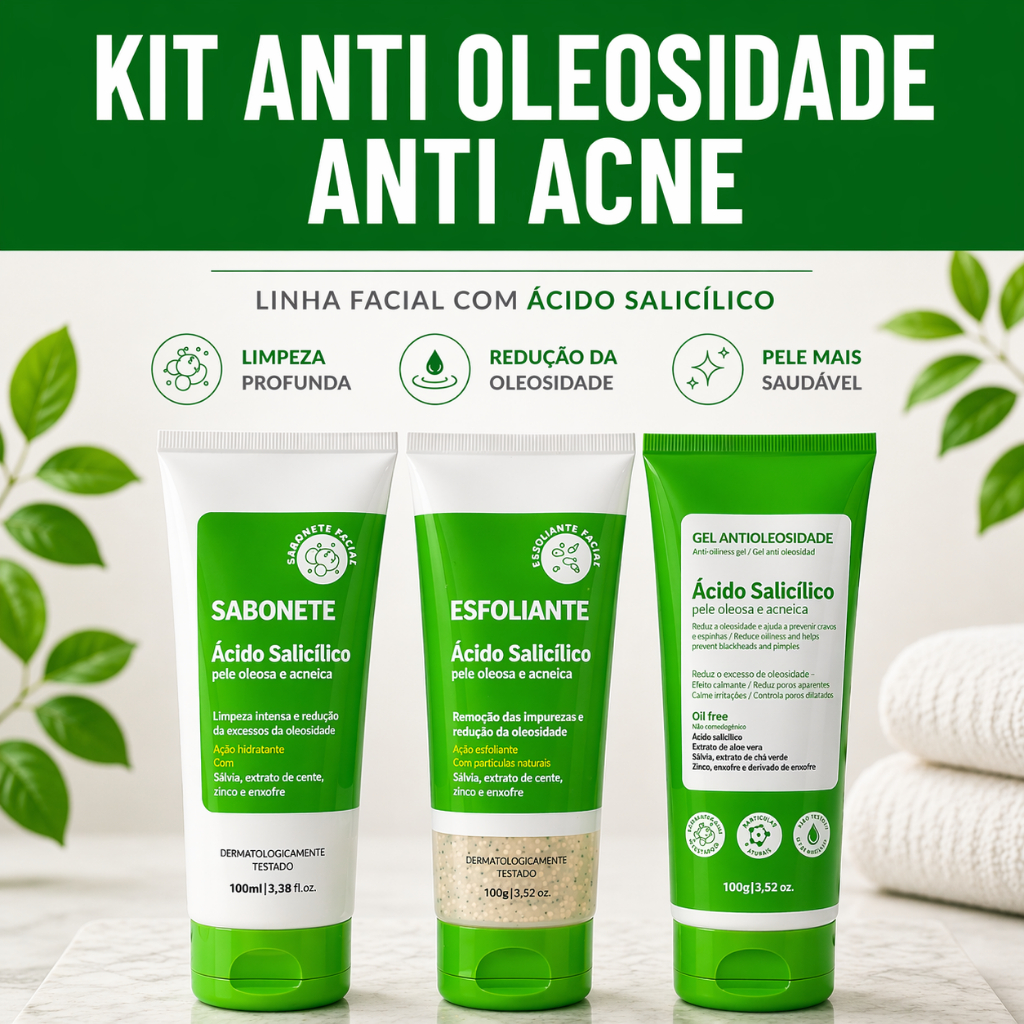 Kit Anti Oleosidade • Anti Acne • Limpeza Facial Completa (3 Produtos: Sabonete • Esfoliante • Gel)