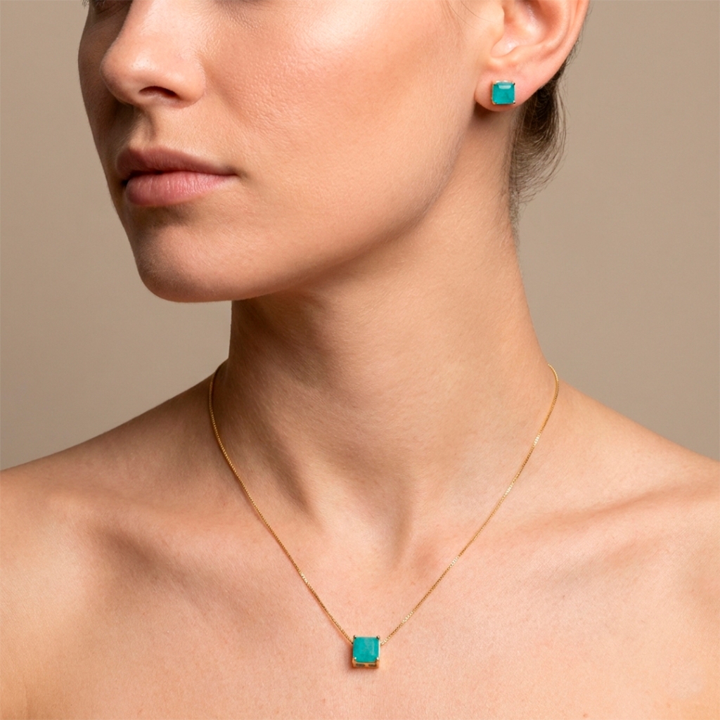 Conjunto Quadrado Turmalina Verde Colar e Brincos Banhado a Ouro 18k Feminino Semi Joias