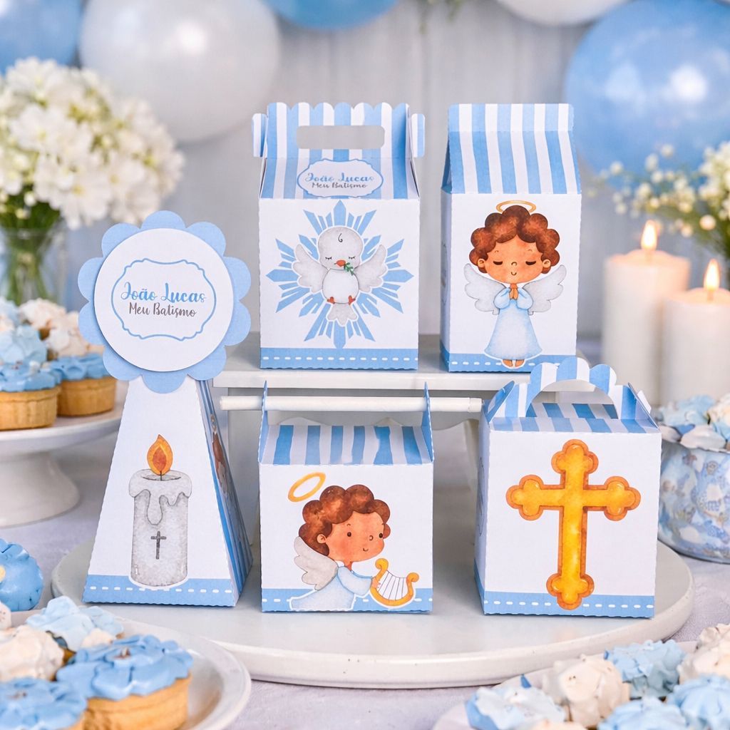 Kit Lembrancinhas Papelaria Personalizada Caixinhas Batizado Azul Menino