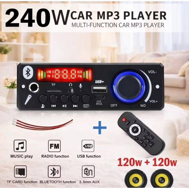 Placa Amplificada MP3 Bluetooth 5.0 240W - Pronta p/ Instalar com Controle e Microfone - FM/USB/TF
