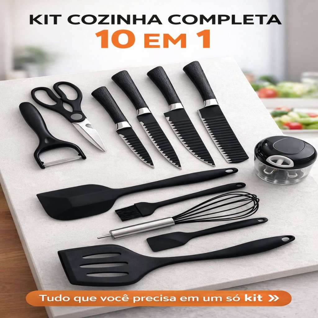 KIT COZINHA COMPLETA 10 EM 1 PROFISSIONAL FACAS + UTENSÍLIOS SILICONE + PROCESSADOR MANUAL