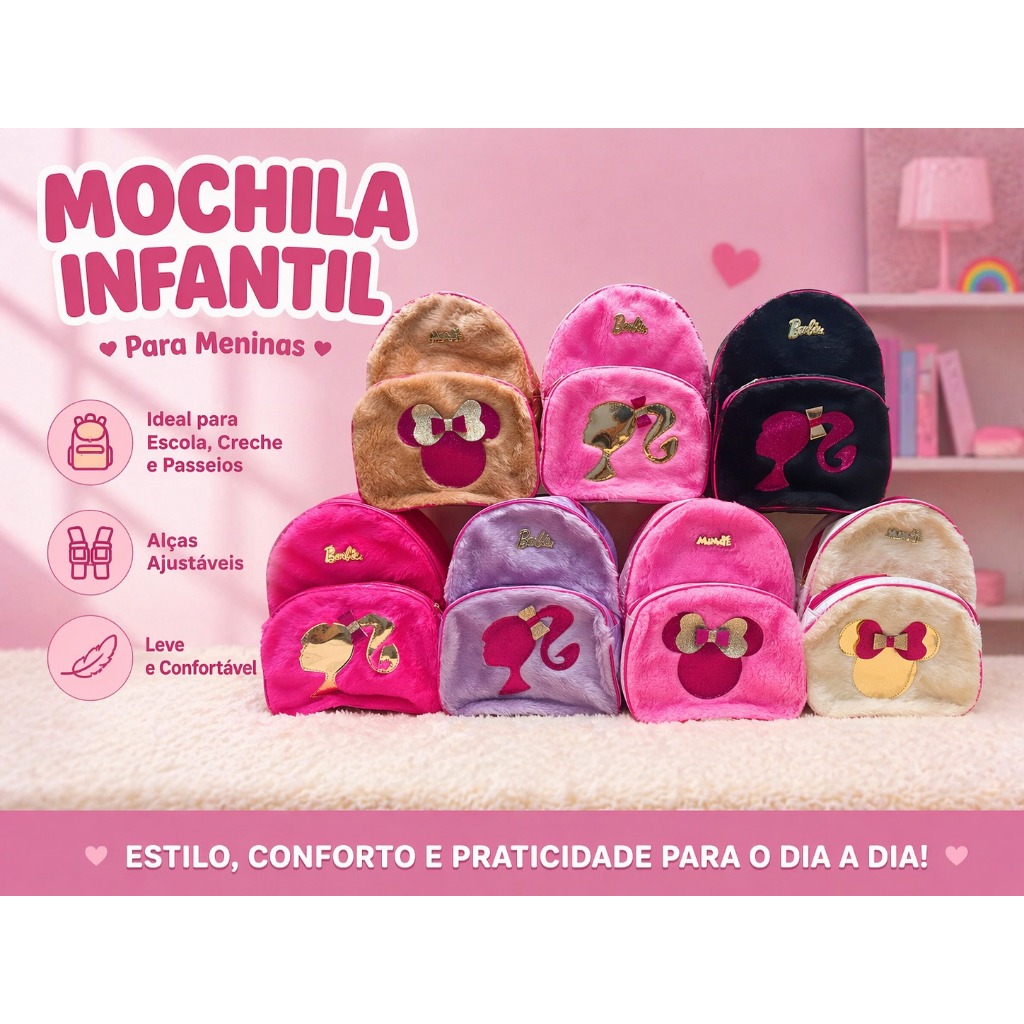 Mochila infantil   Minnie ,Barbie menina ideal para escola creche passeio com alças ajustáveis em Oferta na Shopee