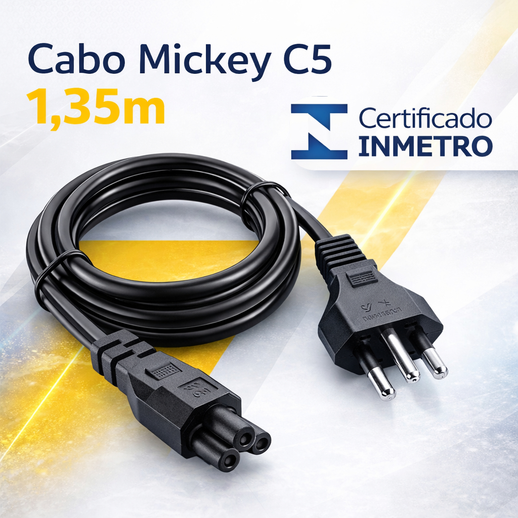 Cabo Fonte Notebook C5 Mickey Tripolar Energia Bivolt 1,5m Universal Dell Samsung LG Acer