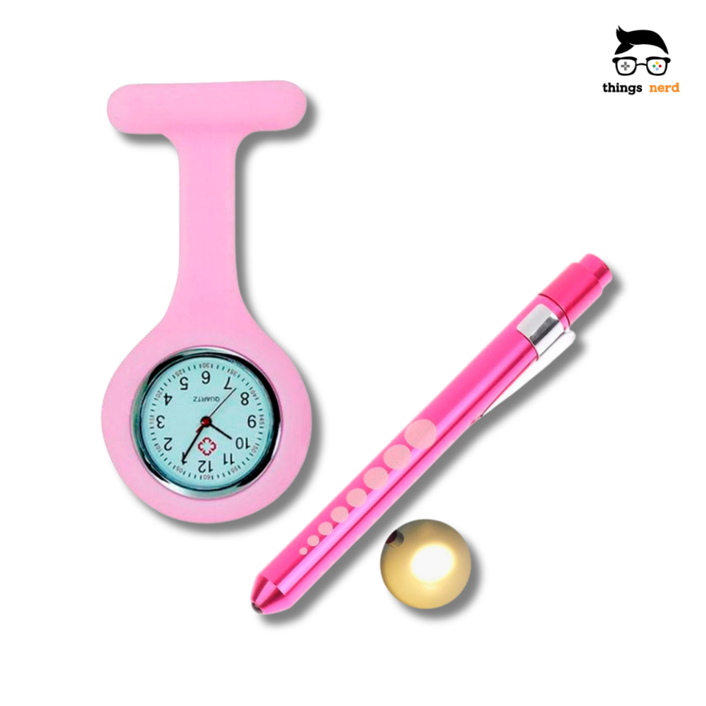 Kit Relógio Lapela Silicone Enfermagem Rosa E Caneta Lanterna LED Amarela Profissionais da Saúde