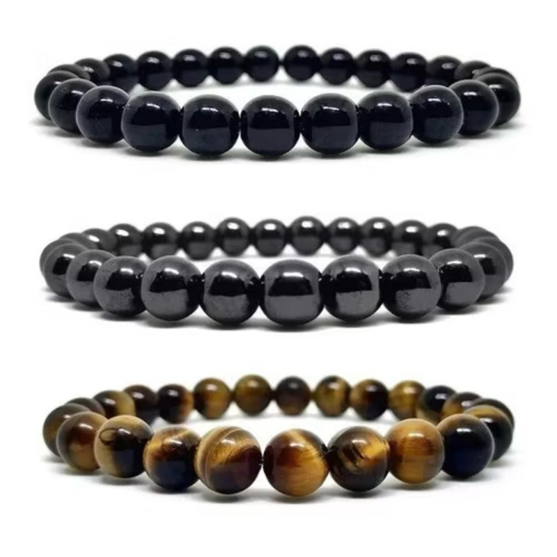 Kit 3 Pulseiras Pedras Naturais 8mm para proteção (Olho de Tigre, Onix e Hematita)