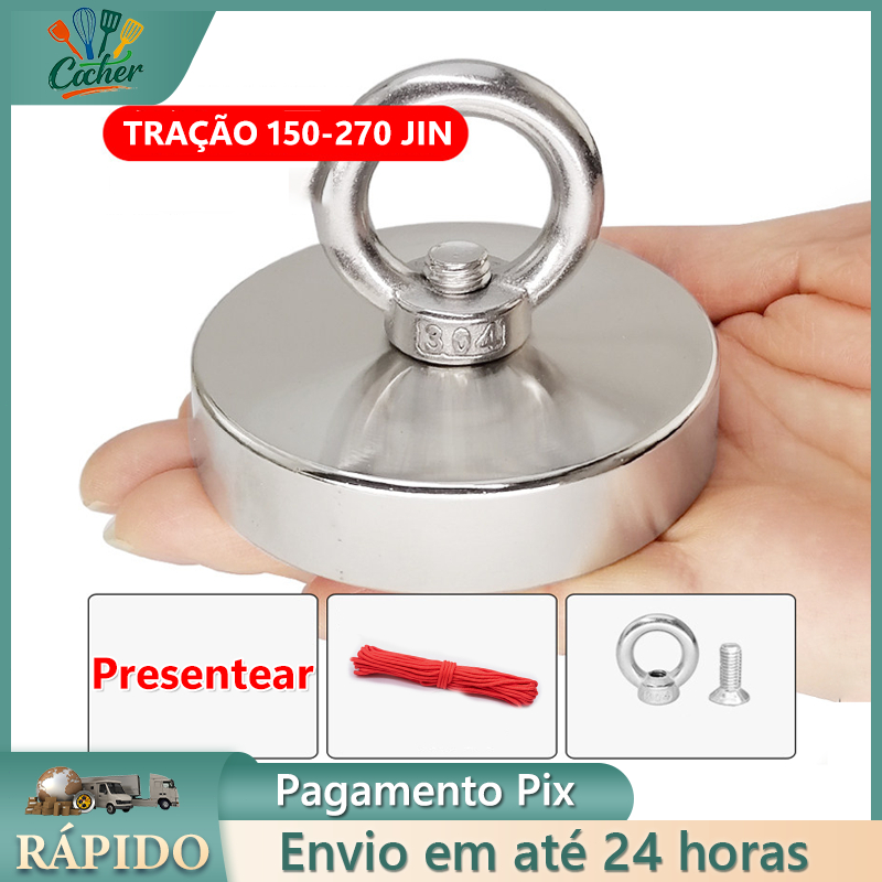 Ímã de Neodímio para Pesca Magnética de Objetos 270kg + Corda 20m |Potente Super Forte com Mosquetão